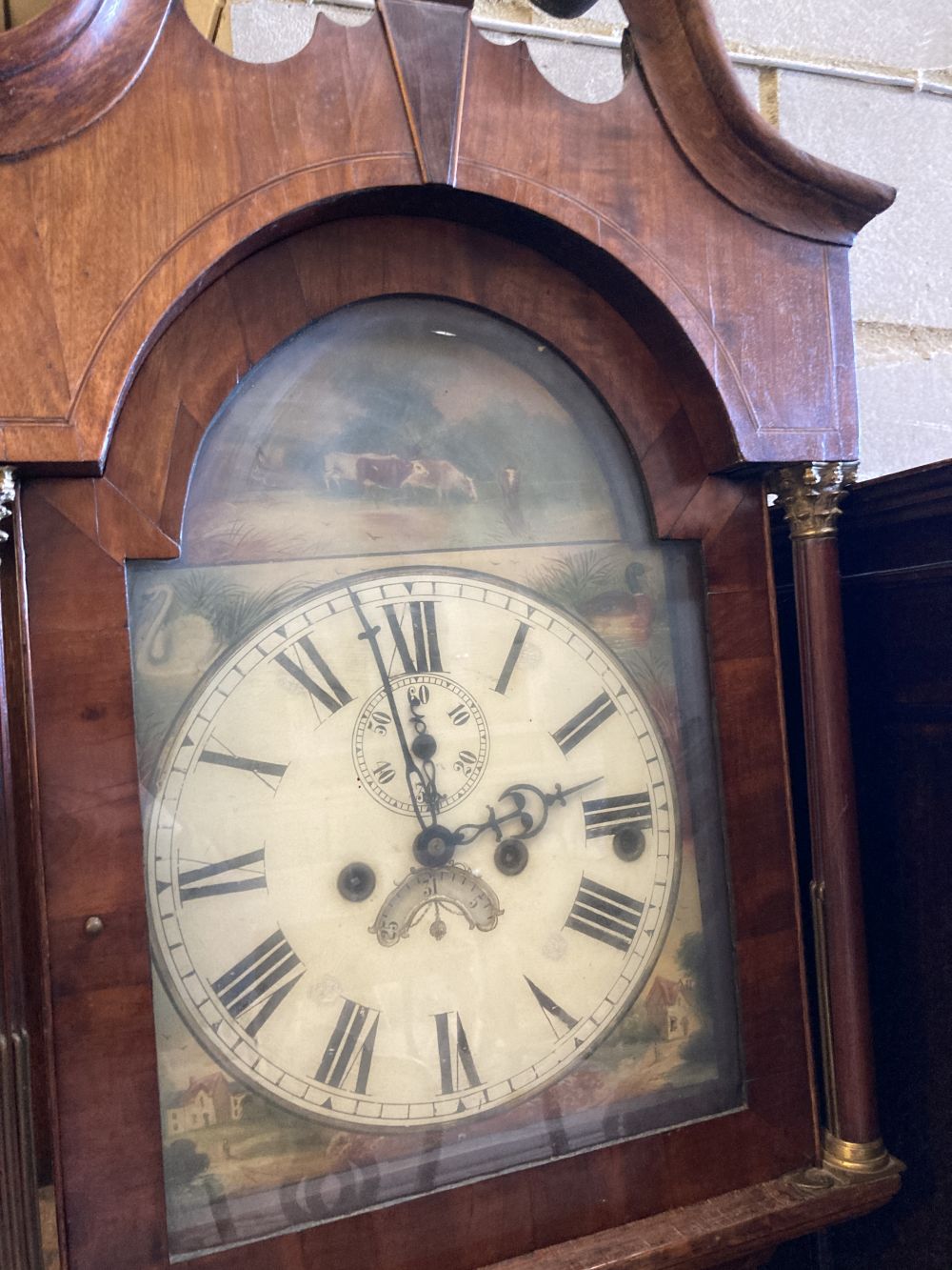 A Victorian oak eight-day longcase clock with painted Roman dial, height 222cm